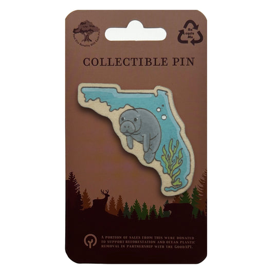 Manatee and Florida State Outline - Wooden Lapel Pin & Magnet