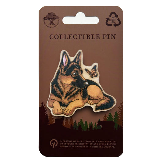 German Shepard and Butterfly - Wooden Lapel Pin & Magnet