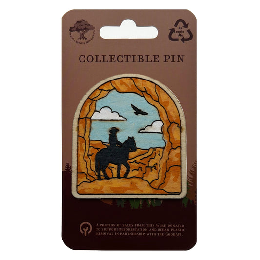 Cowboy and Horse in Canyon - Wooden Lapel Pin & Magnet