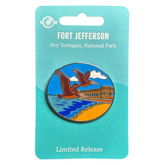 Pelicans on beach Dry Tortugas national park enamel pin on teal backing card