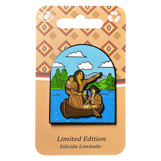 Sacagawea guiding Lewis and Clark enamel pin on patterned backing card