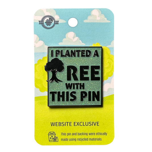 Website exclusive I Planted a Tree With This Pin enamel pin on blue and yellow backing card