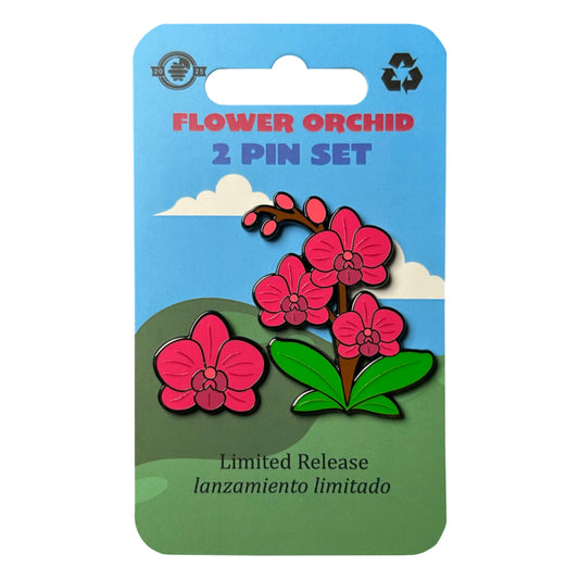 Pink orchid enamel pin set with two flower pins on blue backing card