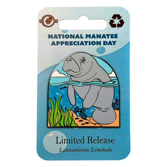West Indian manatee enamel pin for National Manatee Appreciation Day, half in and out of the water