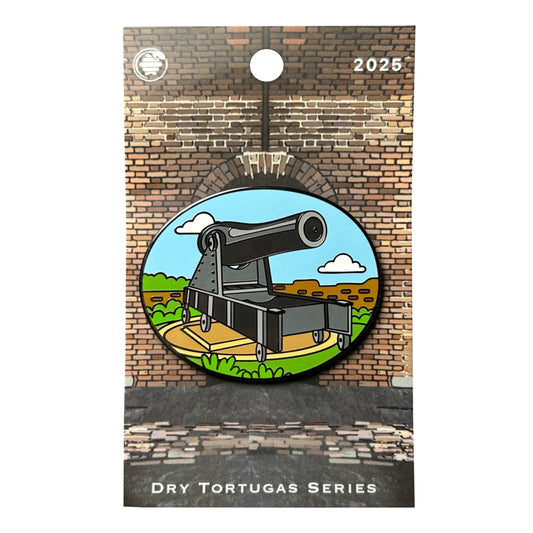 Rodman gun enamel pin on Dry Tortugas brick fort backing card