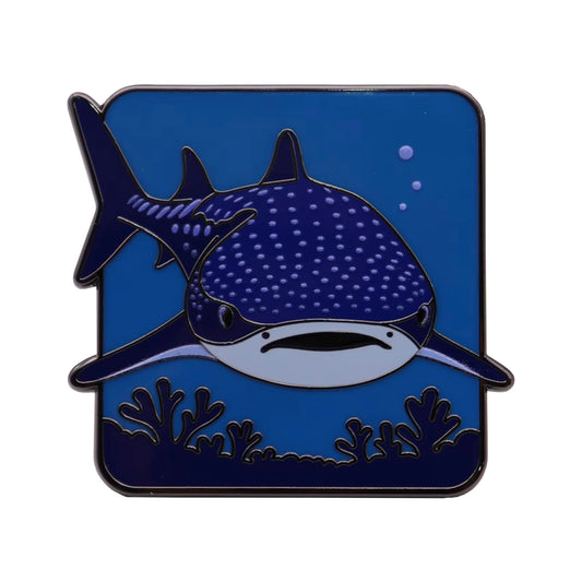Whale shark enamel pin on blue ocean-themed backing card, limited release by Pin Hive