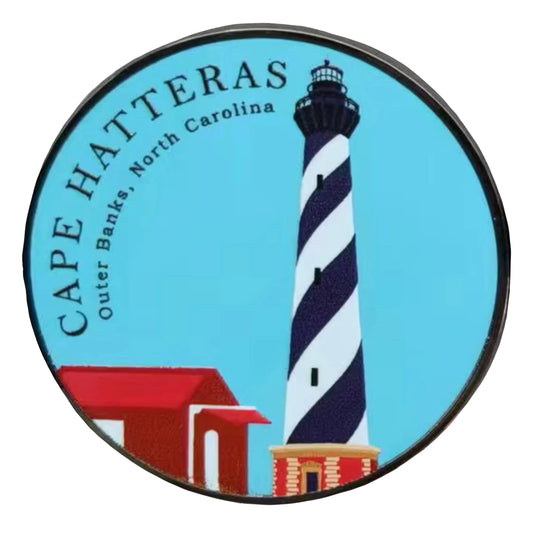 Cape Hatteras Lighthouse enamel pin with black and white spiral tower