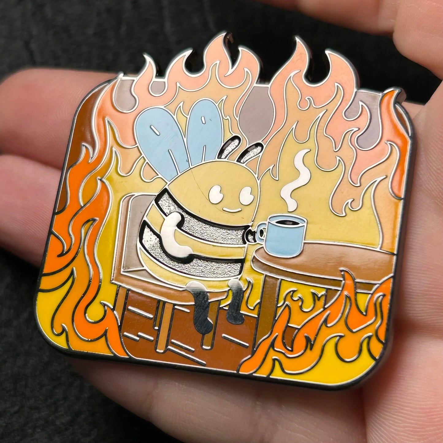 2025 - Everything Is Fine - Bee Sipping Tea In Fire Pin - Pin Hive Exclusive