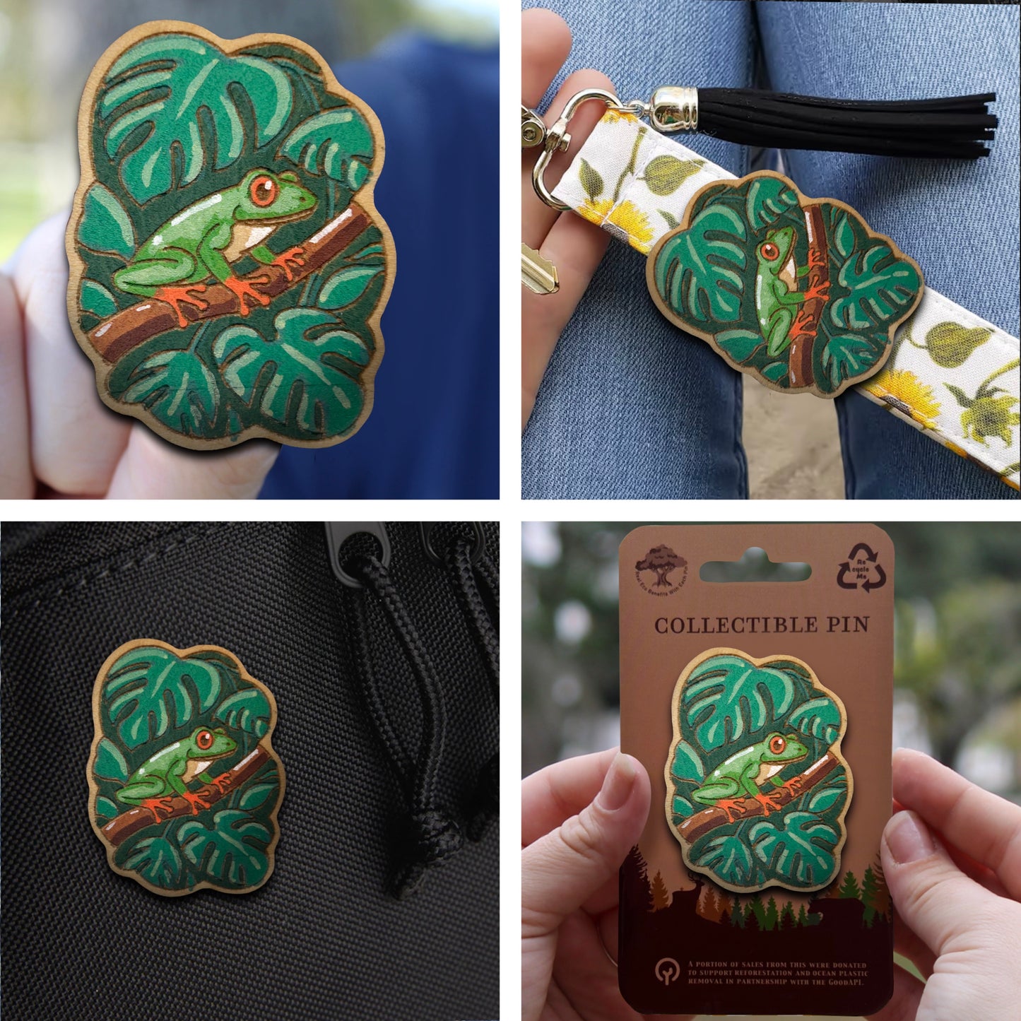 Red Eye Tree Frog - Wooden Lapel Pin & Magnet