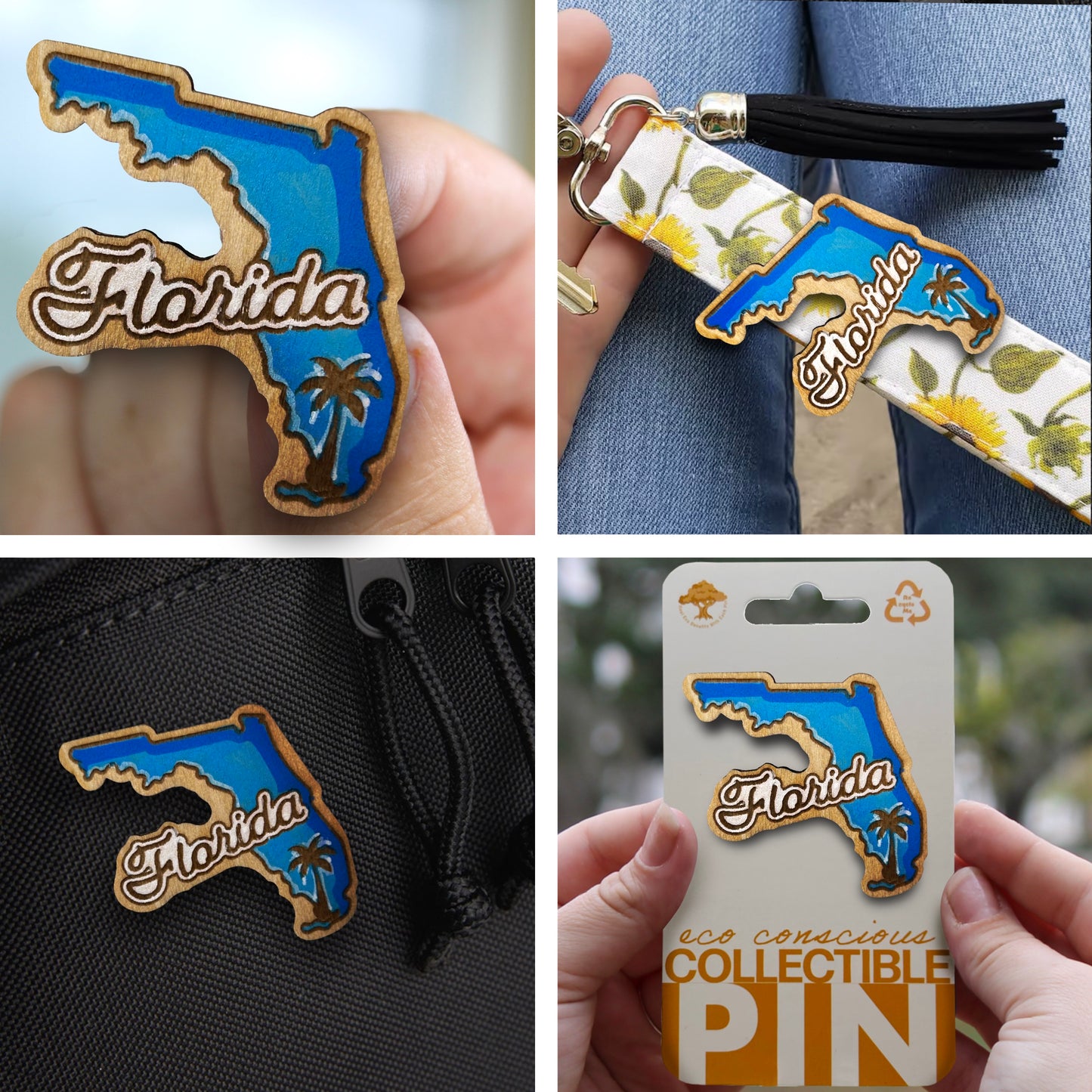 Blue Florida State Outline and Palm Tree - Wooden Pin & Magnet