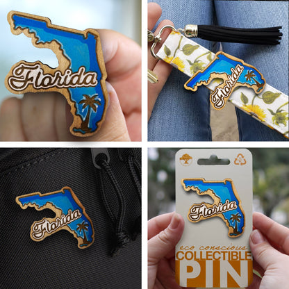 Blue Florida State Outline and Palm Tree - Wooden Pin & Magnet