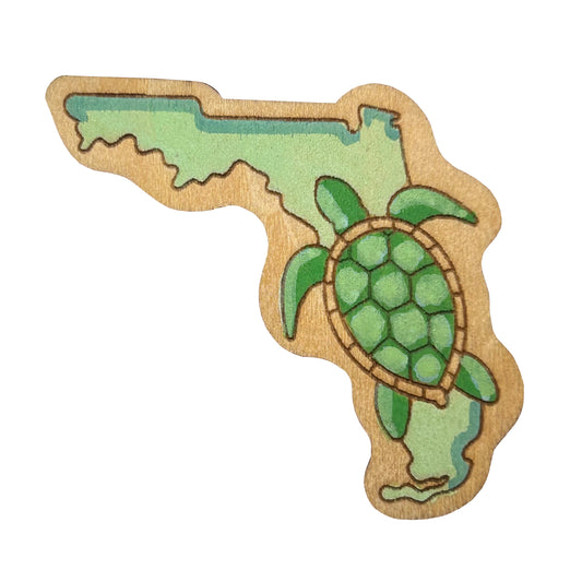 Green Turtle and Florida State Outline - Wooden Pin & Magnet