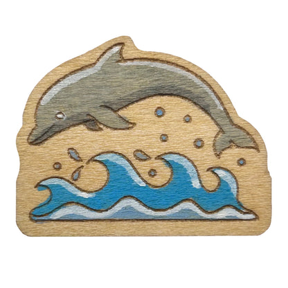 Dolphin Jumping Over Wave - Wooden Pin & Magnet