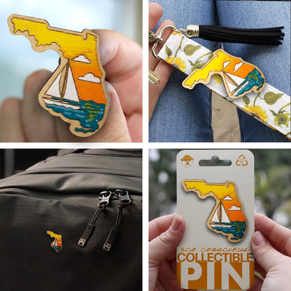 Florida Sailboat at Sunset - Wooden Lapel Pin & Magnet