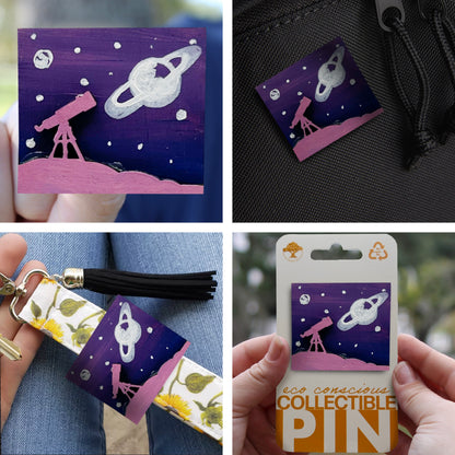 Telescope and Starry Sky with Saturn - Wooden Pin & Magnet