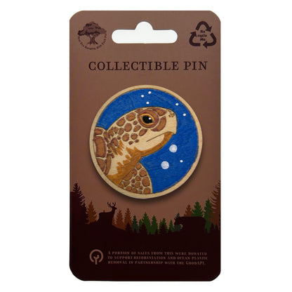 Loggerhead Sea Turtle Profile - Wooden Lapel Pin & Magnet
