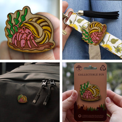Hermit Crab - Wooden Lapel Pin & Magnet