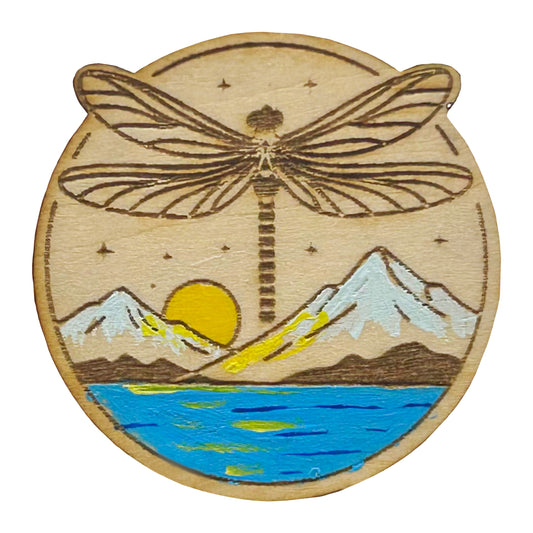 Dragonfly at Mountain Lake - Wooden Pin & Magnet