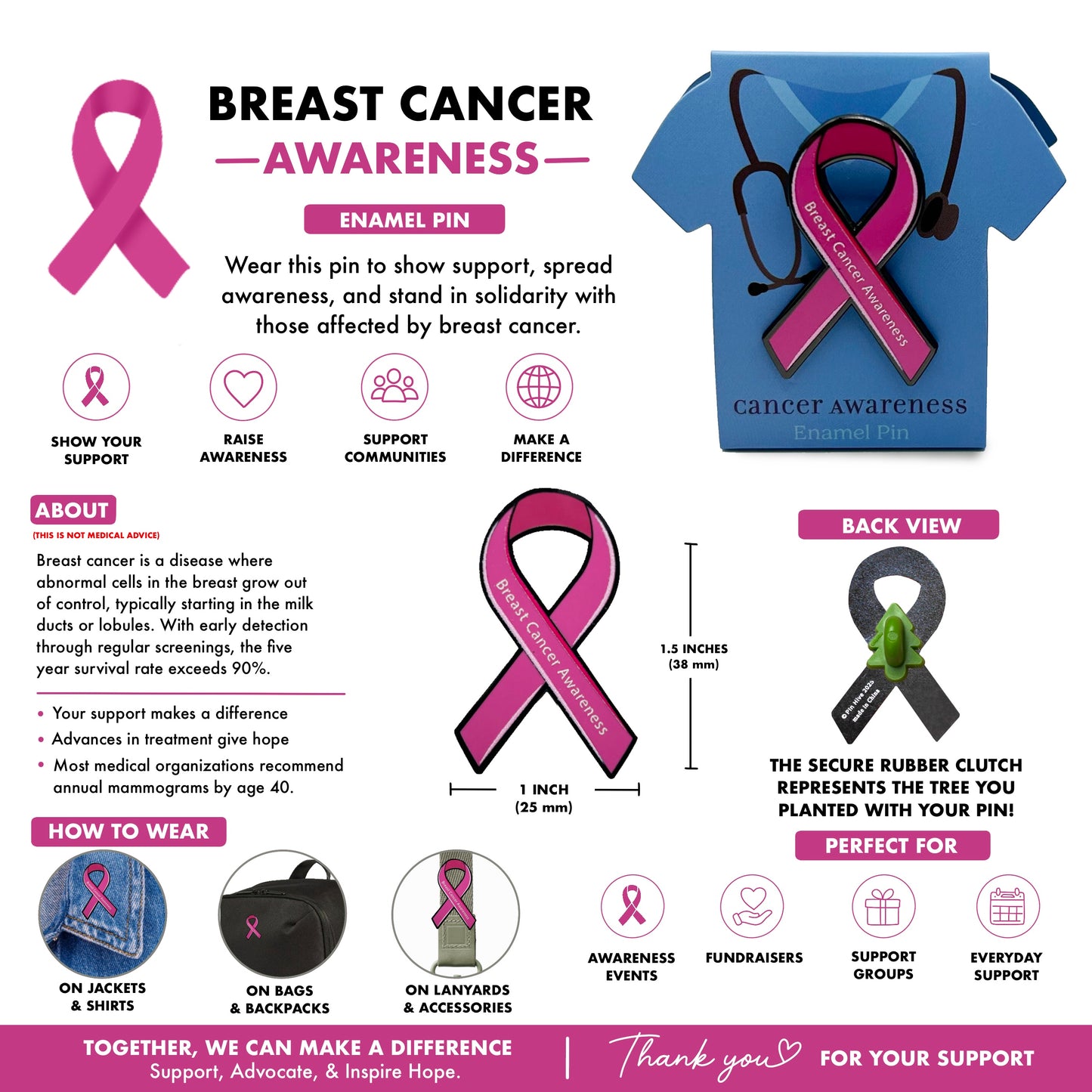 Breast Cancer Awareness Ribbon Pin With Magnet
