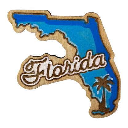 Blue Florida State Outline and Palm Tree - Wooden Pin & Magnet