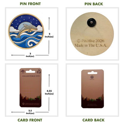 Dolphin Jumping Over Moonlit Waves - Wooden Lapel Pin & Magnet