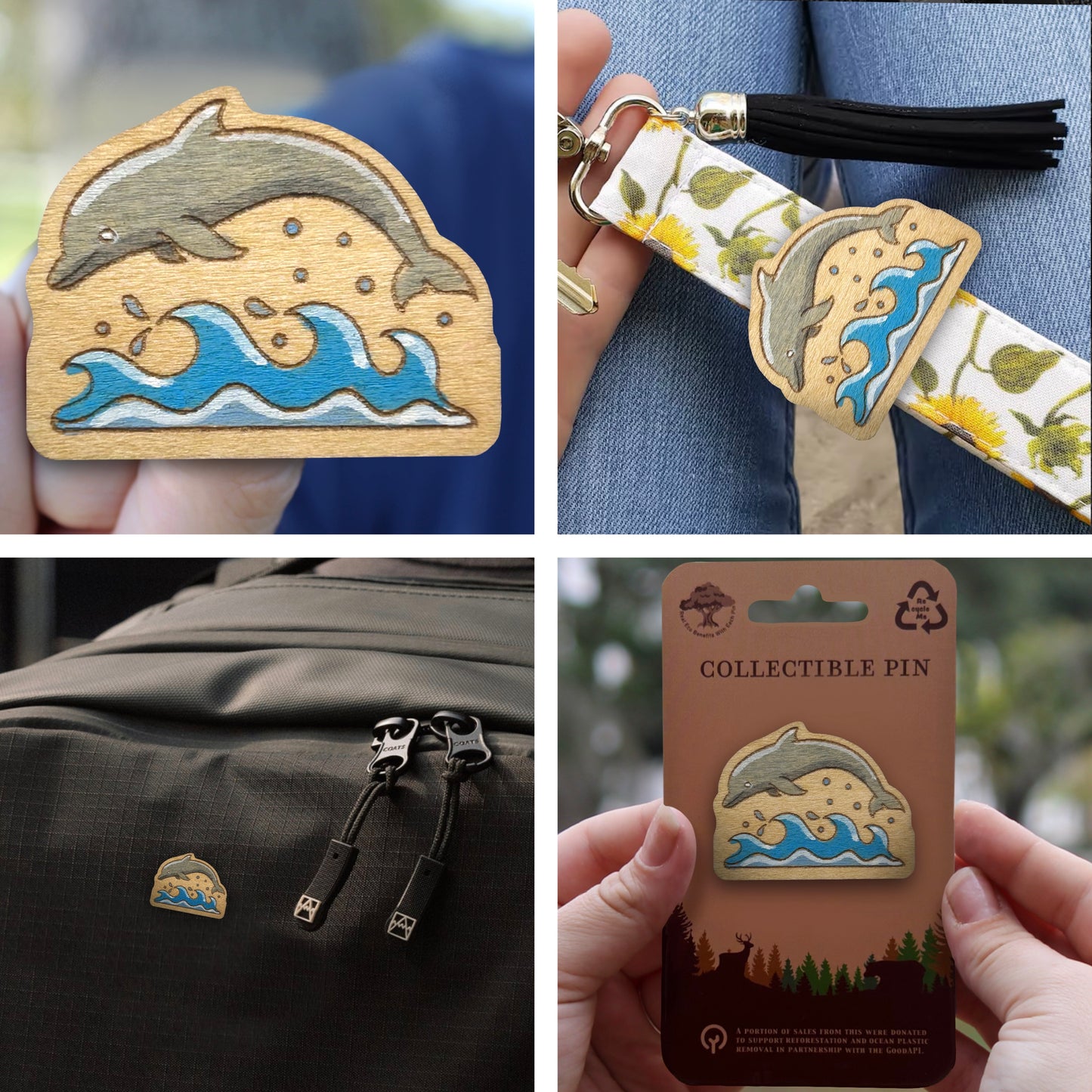 Dolphin Jumping Over Wave - Wooden Pin & Magnet