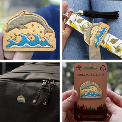 Dolphin Jumping Over Wave - Wooden Pin & Magnet