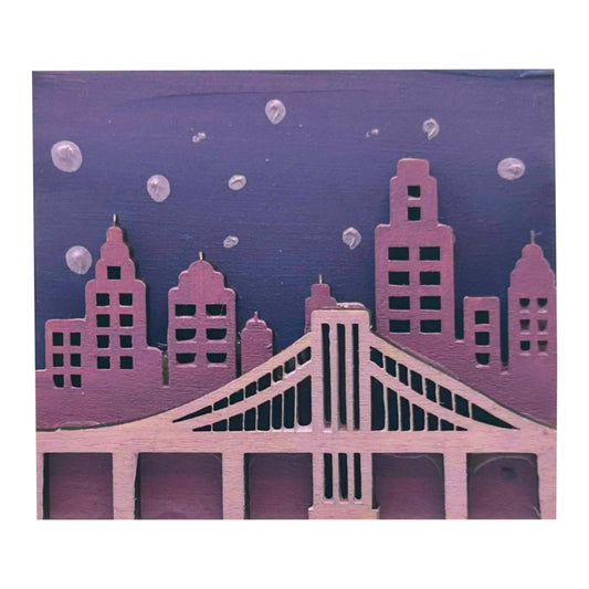 City Scene With Bridge - Wooden Pin & Magnet