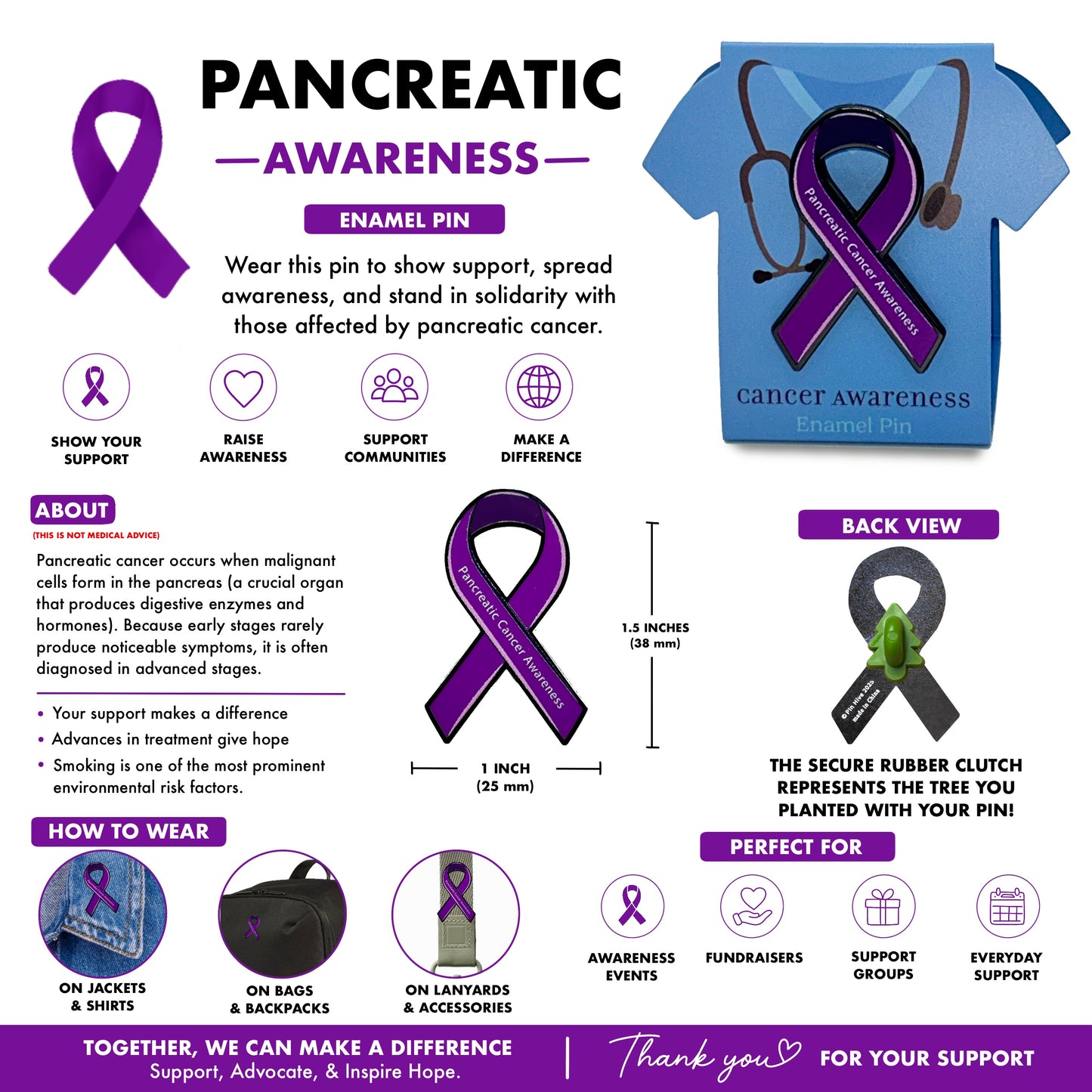 Pancreatic Cancer Awareness Ribbon Pin With Magnet