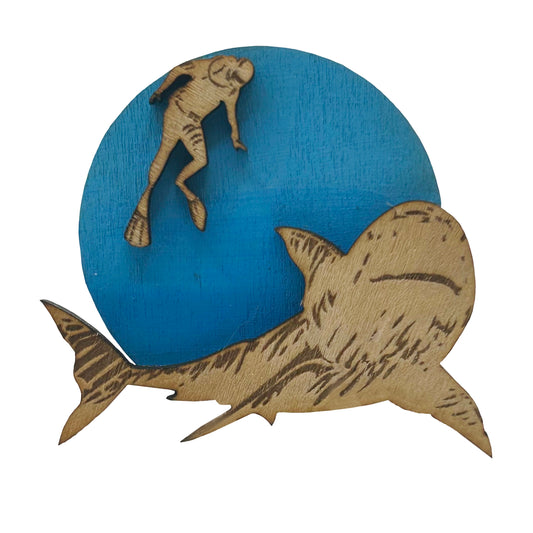 Shark and Scuba Diver - Wooden Pin & Magnet