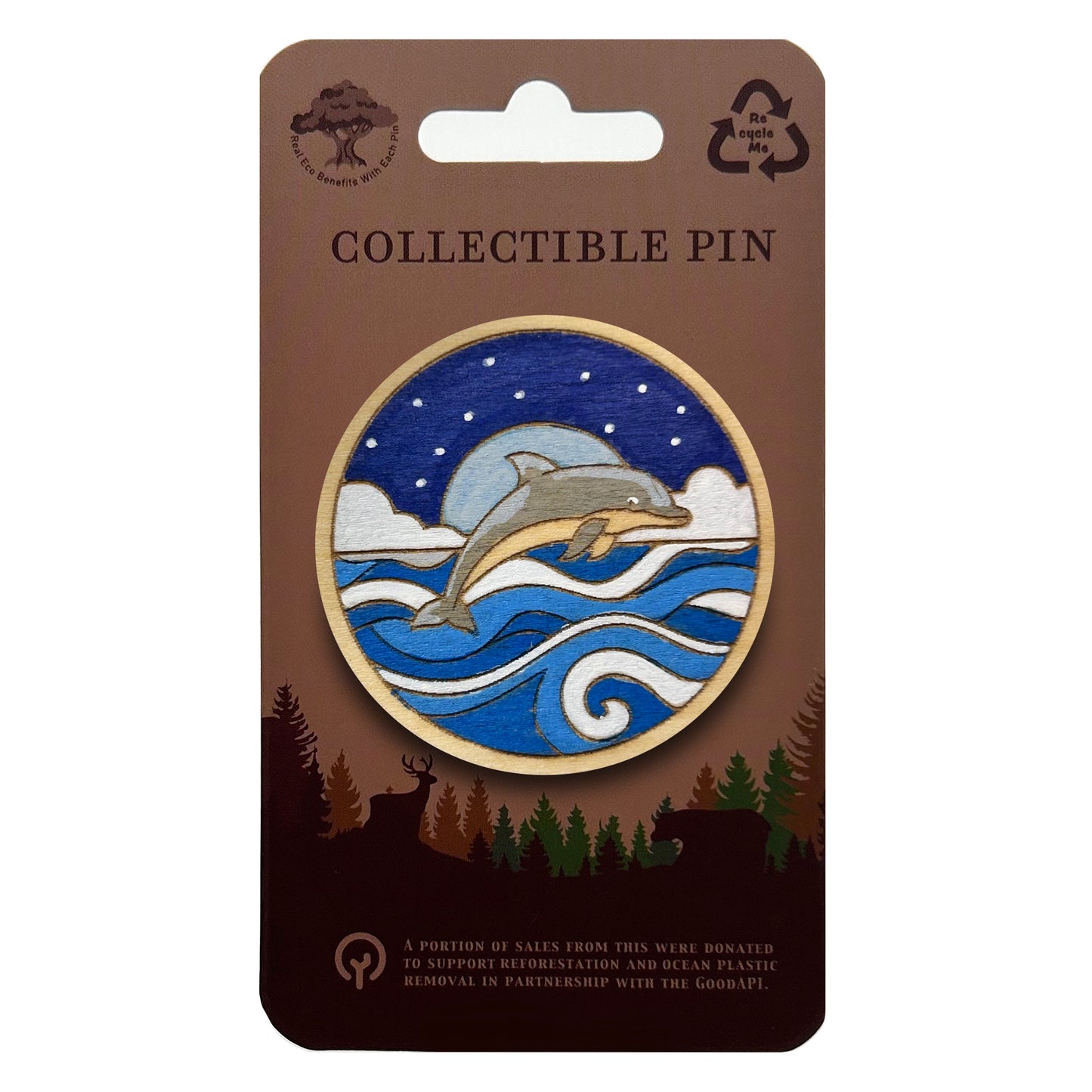 Dolphin Jumping Over Moonlit Waves - Wooden Lapel Pin & Magnet