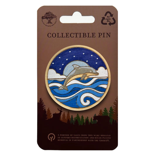 Dolphin Jumping Over Moonlit Waves - Wooden Lapel Pin & Magnet