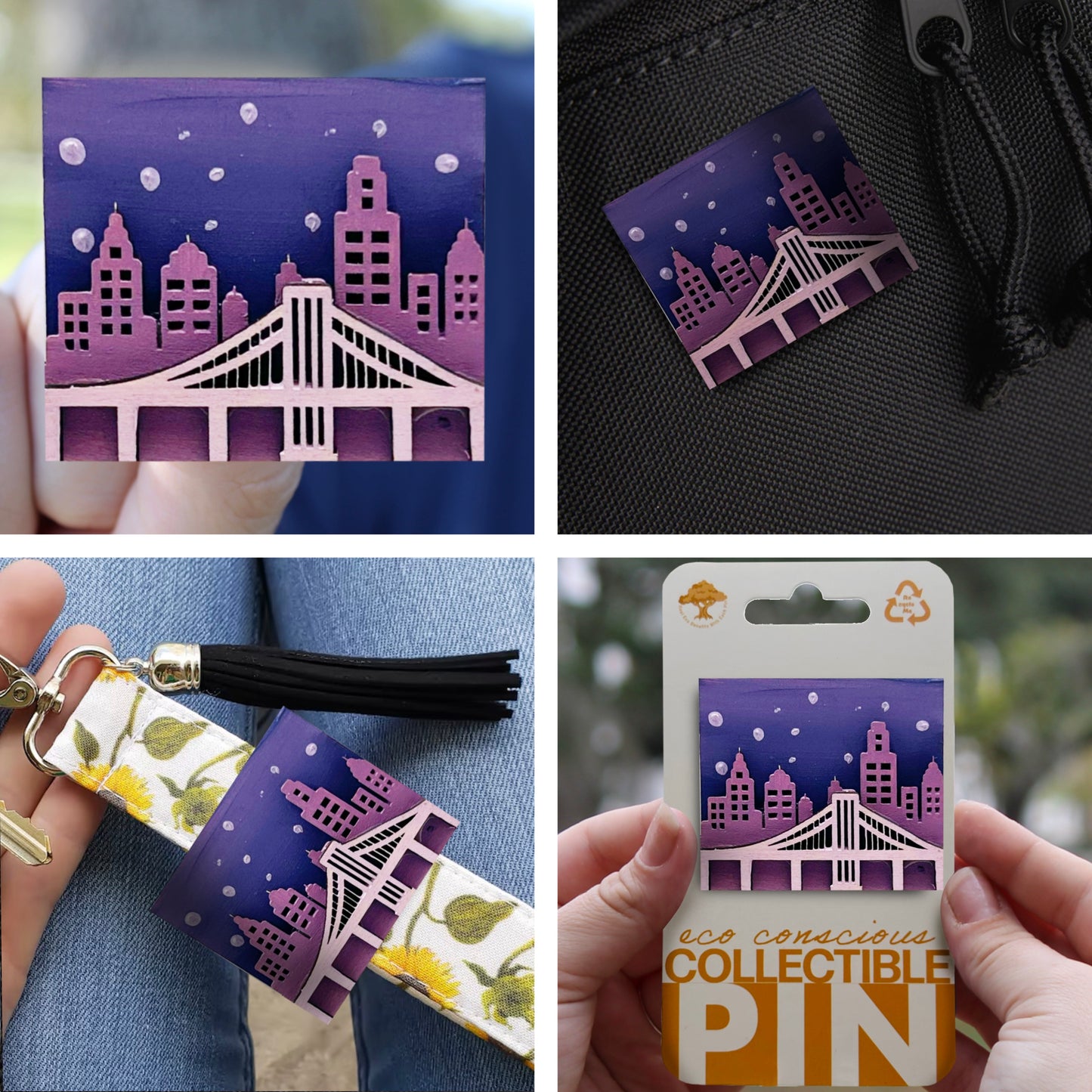City Scene With Bridge - Wooden Pin & Magnet