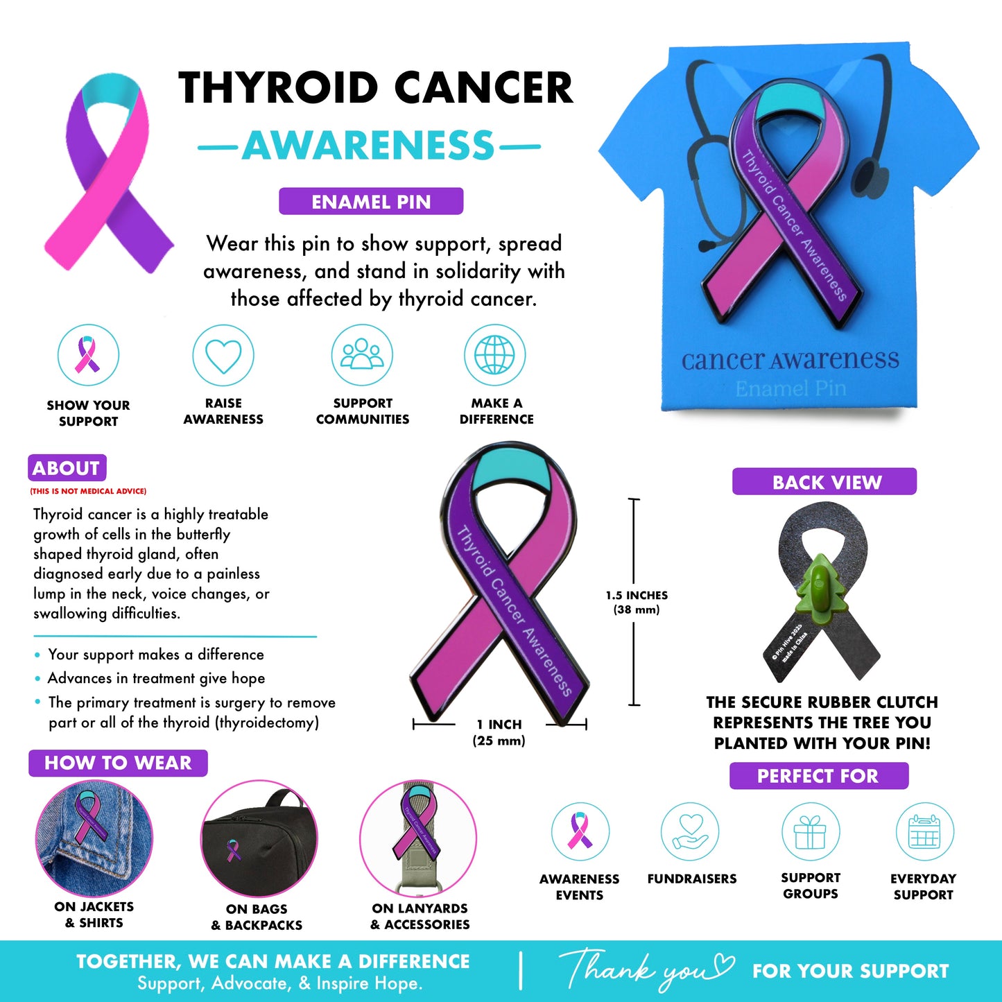 Thyroid Cancer Awareness Ribbon Pin With Magnet