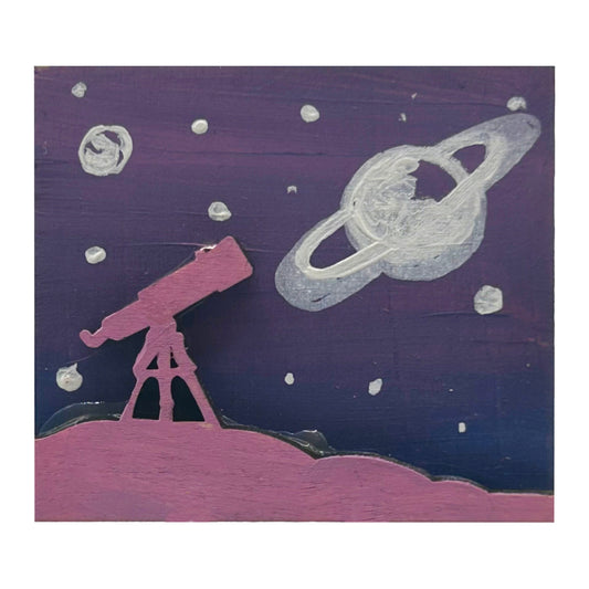 Telescope and Starry Sky with Saturn - Wooden Pin & Magnet