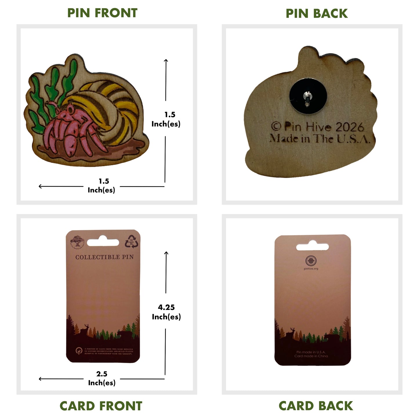 Hermit Crab - Wooden Lapel Pin & Magnet