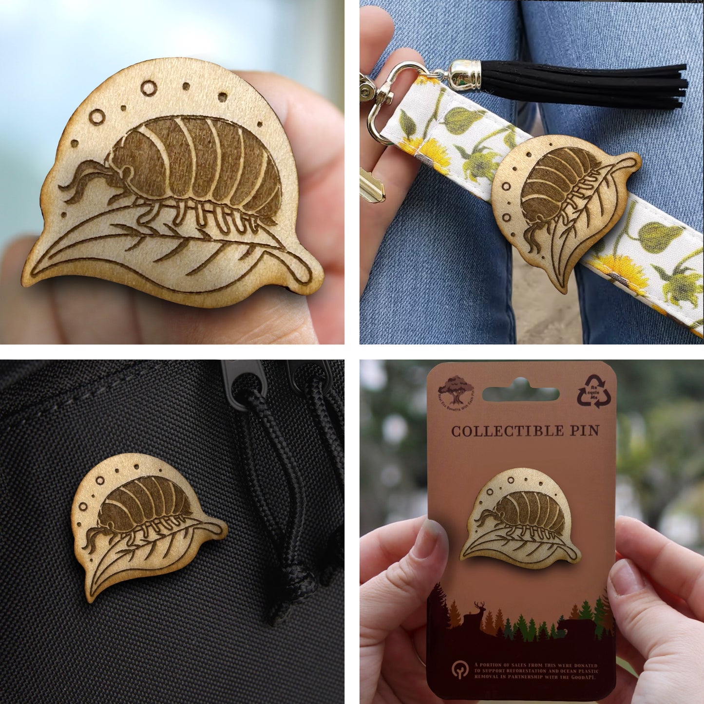 Roly Poly - Pill Bug - Wooden Lapel Pin & Magnet