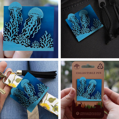 Jellyfish at Coral Reef - Wooden Pin & Magnet