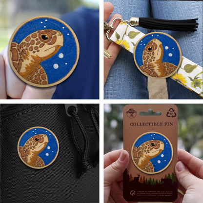 Loggerhead Sea Turtle Profile - Wooden Lapel Pin & Magnet