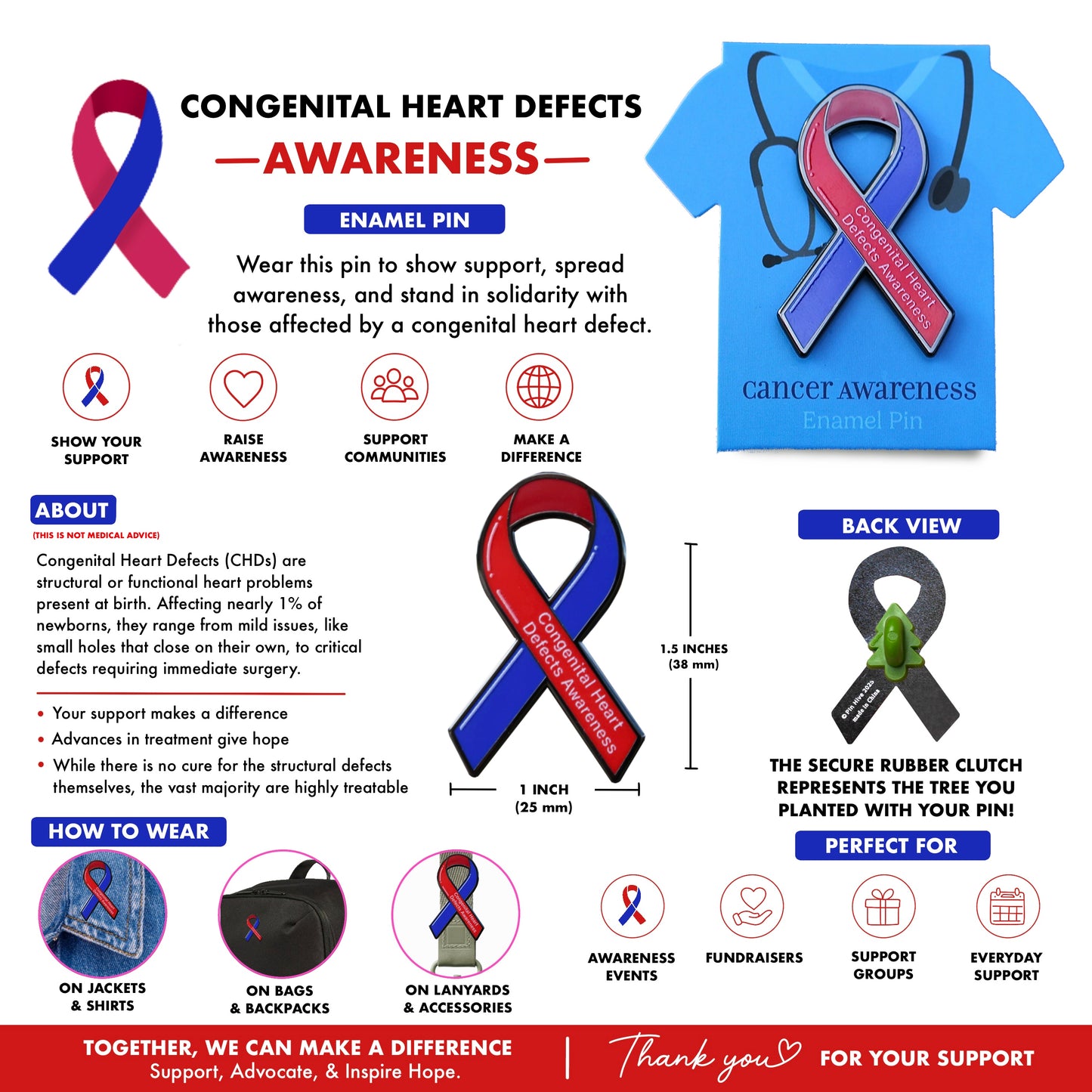 Congenital Heart Defects Awareness Ribbon Pin With Magnet