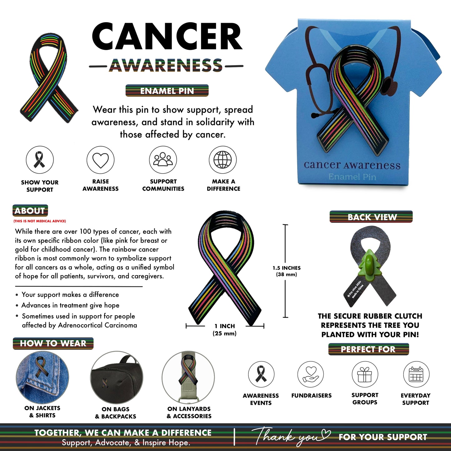 Rainbow Cancer Awareness Ribbon Pin With Magnet