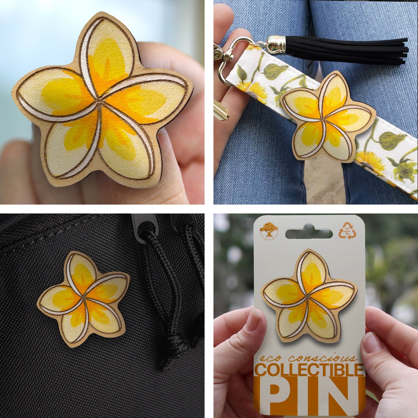 Hawaiian Plumeria (Frangipani) Flower - Pua Melia - Wooden Pin & Magnet