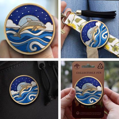 Dolphin Jumping Over Moonlit Waves - Wooden Lapel Pin & Magnet