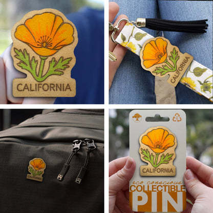 California Poppy Flower - Wooden Pin & Magnet