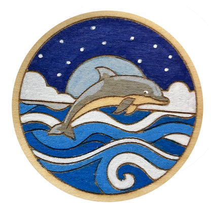 Dolphin Jumping Over Moonlit Waves - Wooden Lapel Pin & Magnet