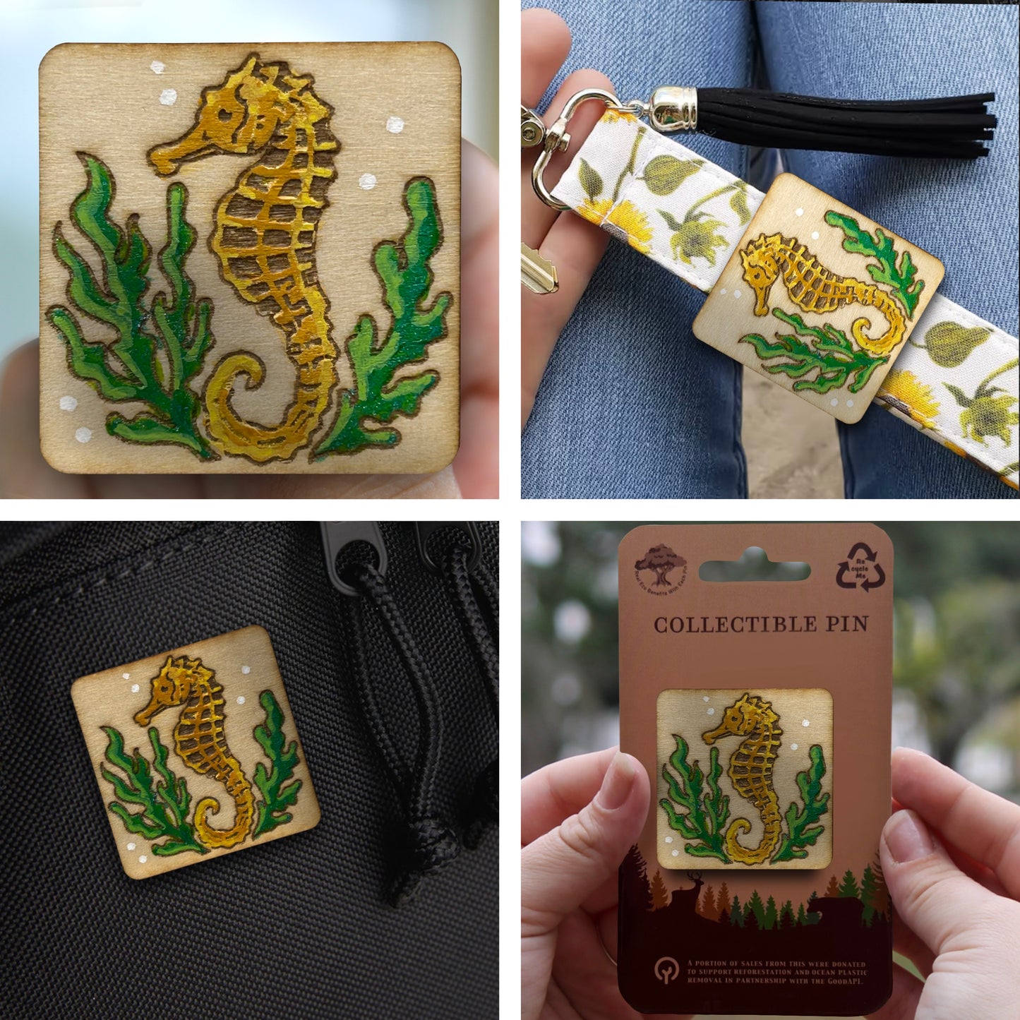 Golden Seahorse - Wooden Lapel Pin & Magnet
