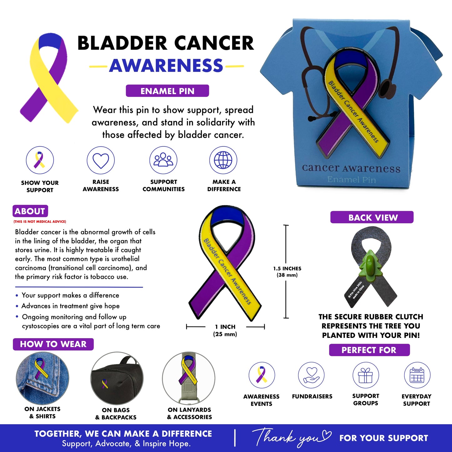 Bladder Cancer Awareness Ribbon - Lapel Pin With Magnet