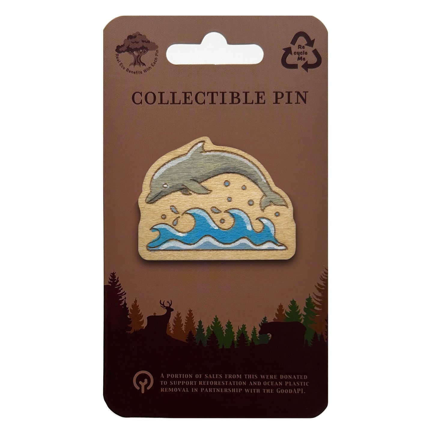 Dolphin Jumping Over Wave - Wooden Pin & Magnet