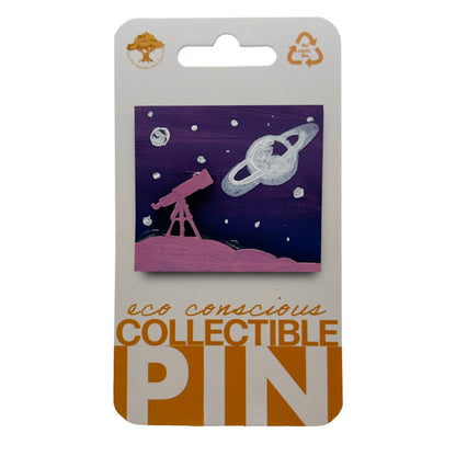 Telescope and Starry Sky with Saturn - Wooden Pin & Magnet