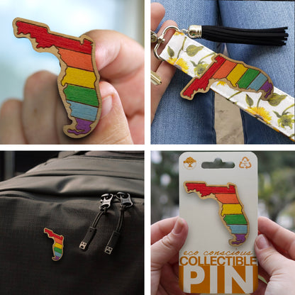 Rainbow - Florida Outline - Wooden Lapel Pin & Magnet